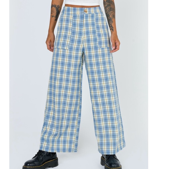 Princess Polly Pants & Jumpsuits Nwt Baby Blue Plaid Wide Leg Pants